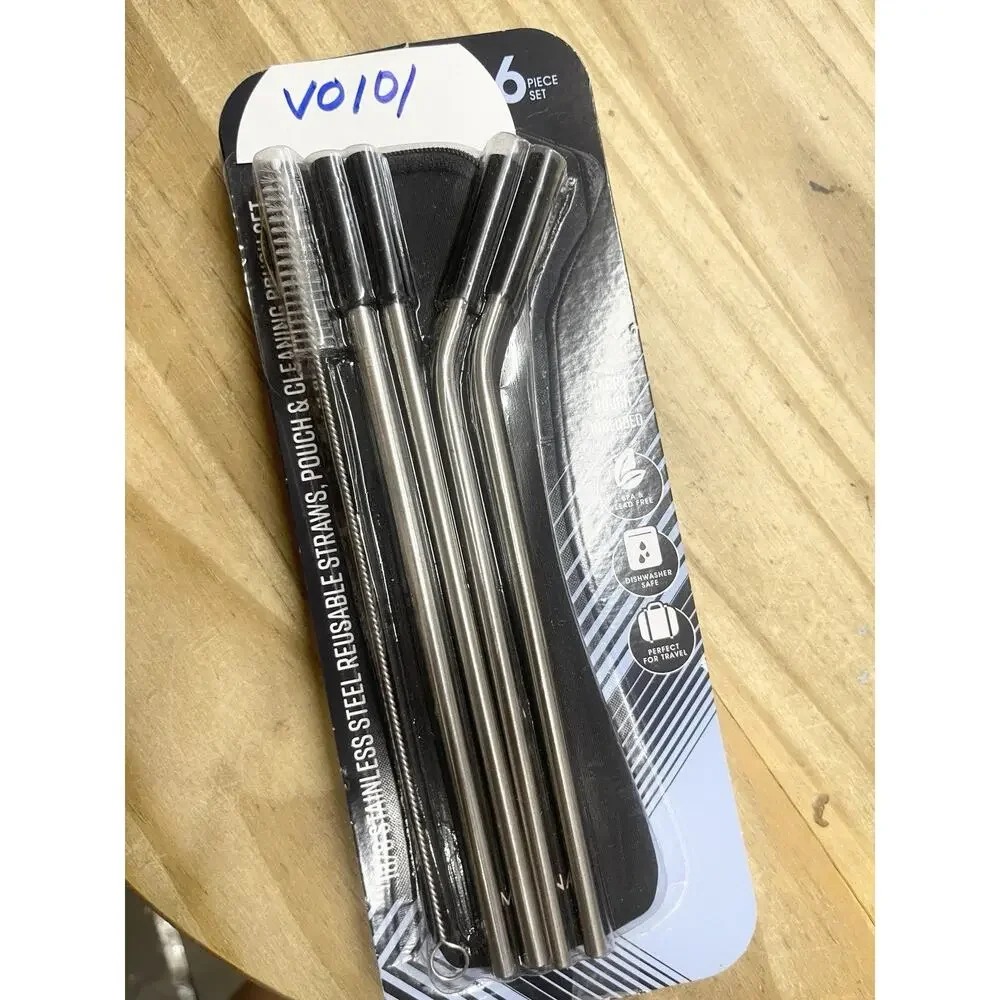 (2) Set of‎ 6 Stainless Steel Reusable Straw Pouch & Cleaning Brush Set BLACK
